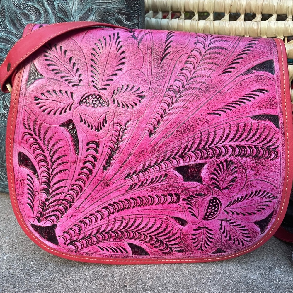 Hot Pink Leather Artisan handbag New! Made in Paraguay